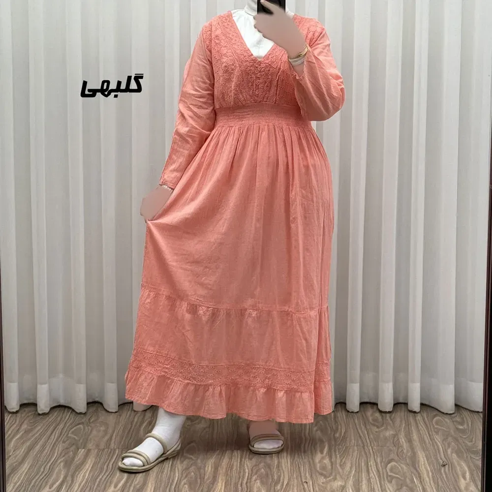 پیراهن ساحلی زنانه آستین بلند نخی تافته فری سایز مدل سلن دکمه دار آستردار