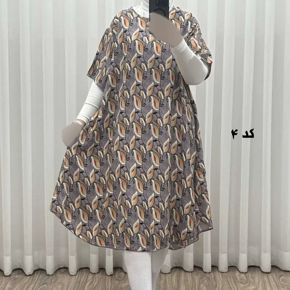 پیراهن ساحلی زنانه نخی آستین کوتاه فری سایز مناسب تا سایز 52